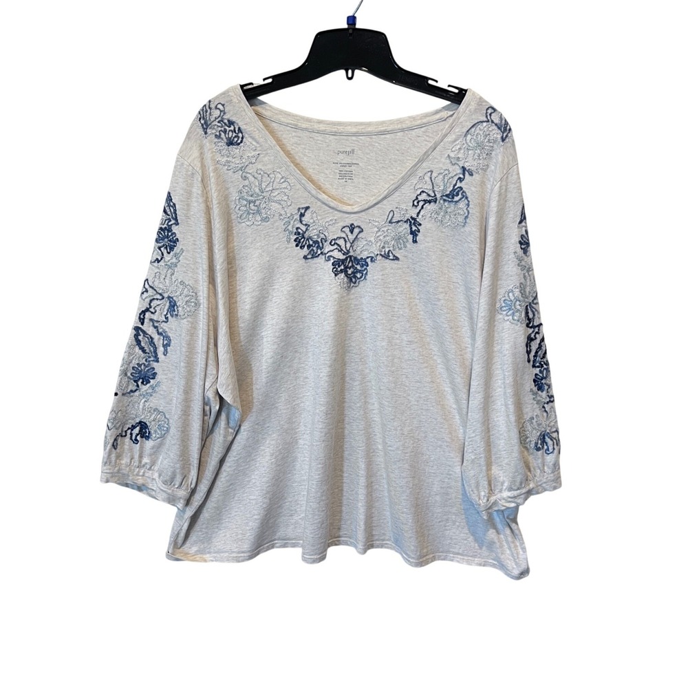 Pure Jill J. Jill Womens 2X Cream Cotton Embroidered V-Neck Top 3/4 Sleeve